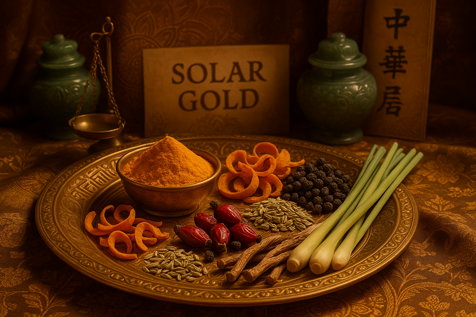 I would like a regal looking medley of the ingredients in my white label herbal infusion called "solar gold,' which contains turmeric, dried orange peel, black pepper, fennel seed, rosehip, licorice root, and lemongrass. maybe inspiration from indian ayurvedic and chinese medicine decor