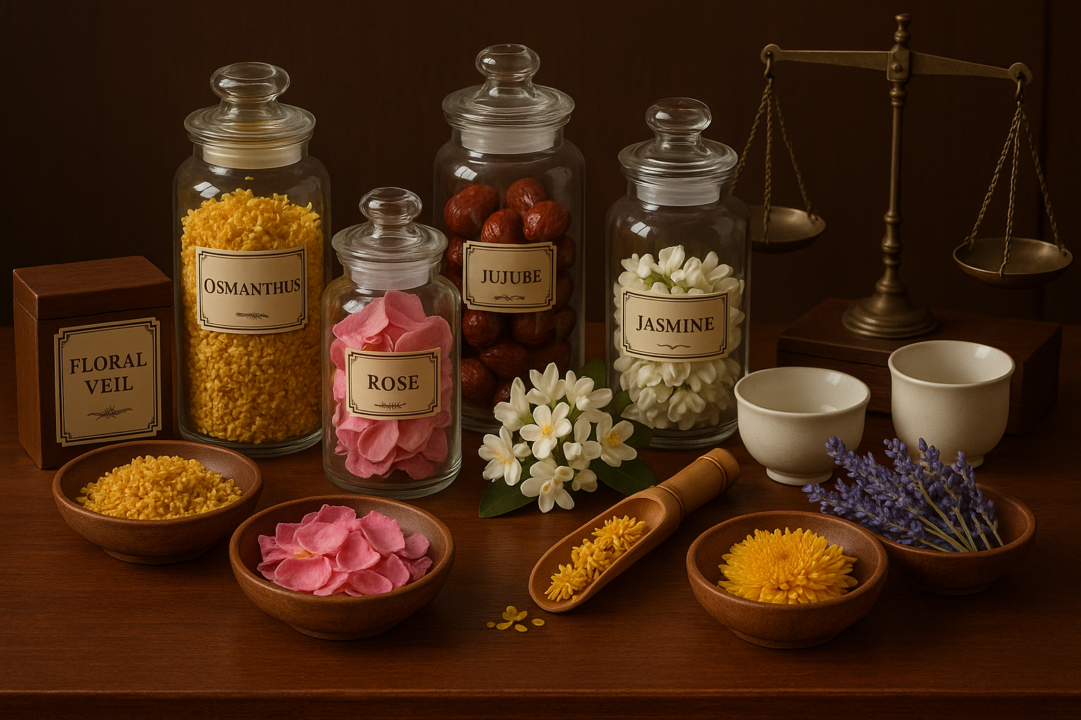 Please generate a regal medley of the ingredients of my tea "Floral Veil." The ingredients are osmanthus, rose, jasmine, chrysanthemum, orange blossom, lavender and jujube. I want the inspiration to be a regal apothecary style with accents of ayurveda and traditional chinese medicine.