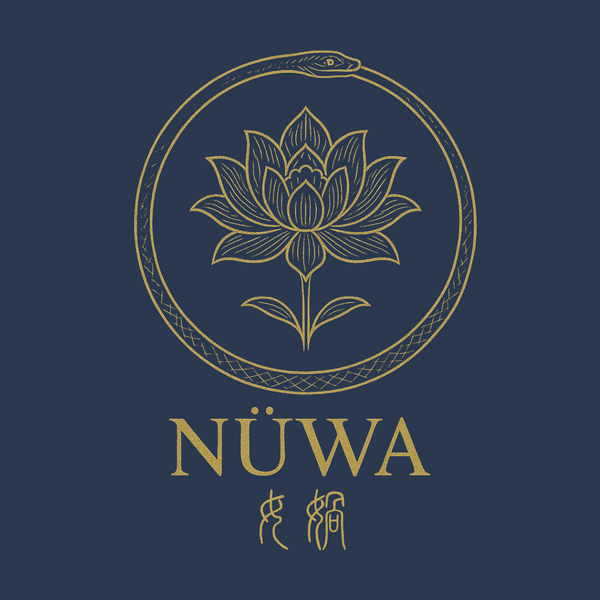 Logo of Nuwa with a lotus flower and snake on a dark blue background
